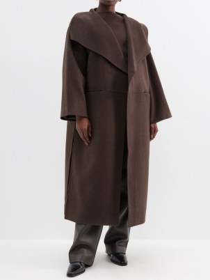TOTEME Oversized wool-blend felt coat in brown ~ women’s chic winter outerwear ~ womens longline shawl collar coats p - flipped