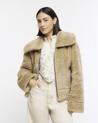 RIVER ISLAND Brown Reversible Shearling Aviator Jacket ~ women’s fake fur and faux leather jackets p