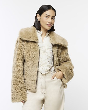 RIVER ISLAND Brown Reversible Shearling Aviator Jacket ~ women’s fake fur and faux leather jackets p - flipped