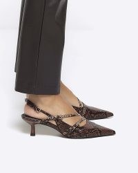 RIVER ISLAND Brown Snake Print Strappy Heeled Court Shoes ~ tonal animal effect slingbacks