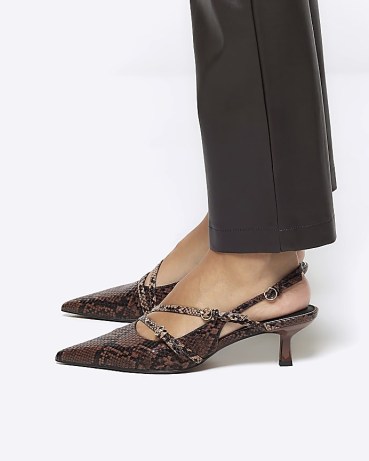 RIVER ISLAND Brown Snake Print Strappy Heeled Court Shoes ~ tonal animal effect slingbacks - flipped