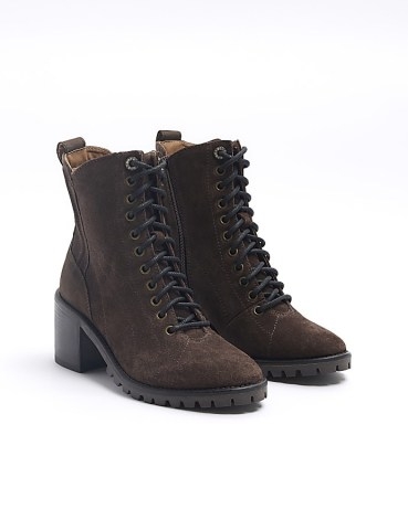 RIVER ISLAND Brown Suede Lace Up Heeled Ankle Boots ~ casual winter footwear p - flipped