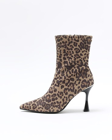 RIVER ISLAND Brown Wide Fit Leopard Print Heeled Boots / animal printed skinny heel bootie - flipped