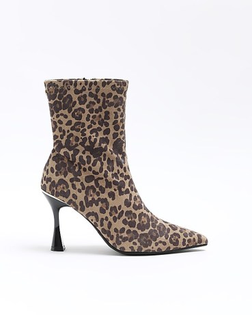 RIVER ISLAND Brown Wide Fit Leopard Print Heeled Boots / animal printed skinny heel bootie