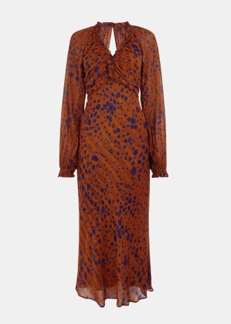 WHISTLES SPOTTED DALMATIAN MIDI DRESS in BROWN/MULTI / women’s copper brown open back animal print dresses / feminine clothing p - flipped