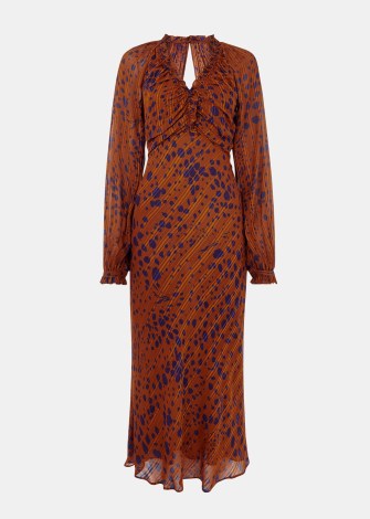 WHISTLES SPOTTED DALMATIAN MIDI DRESS in BROWN/MULTI / women’s copper brown open back animal print dresses / feminine clothing p