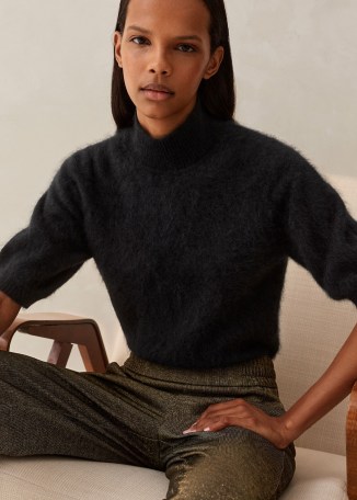 ME and EM Brushed Cashmere High Neck Knit Tee in Black | short puffed sleeve knitted tops | women’s puff sleeved turtleneck jumpers | chic knits | luxe knitwear - flipped