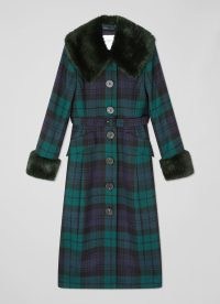 Bryony Blue And Green Tartan British Wool Coat ~ women’s checked faux fur trimmed winter coats