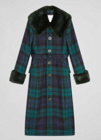Bryony Blue And Green Tartan British Wool Coat ~ women’s checked faux fur trimmed winter coats p - flipped