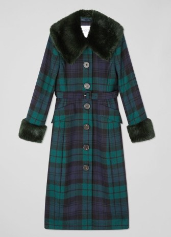 Bryony Blue And Green Tartan British Wool Coat ~ women’s checked faux fur trimmed winter coats p