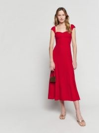 Reformation Bryson Dress in Cherry ~ red cap sleeve sweetheart neckline midi dresses ~ fitted bodice with an A-line skirt