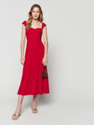 Reformation Bryson Dress in Cherry ~ red cap sleeve sweetheart neckline midi dresses ~ fitted bodice with an A-line skirt p - flipped