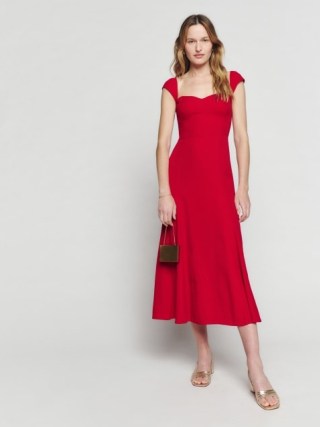 Reformation Bryson Dress in Cherry ~ red cap sleeve sweetheart neckline midi dresses ~ fitted bodice with an A-line skirt p