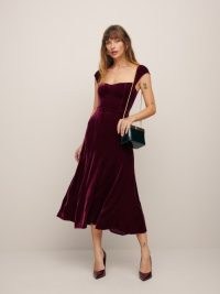 Reformation Bryson Dress in Chianti Velvet – fit and flared hem jewel tone occasion midi dresses