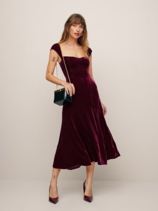 Reformation Bryson Dress in Chianti Velvet – fit and flared hem jewel tone occasion midi dresses p - flipped