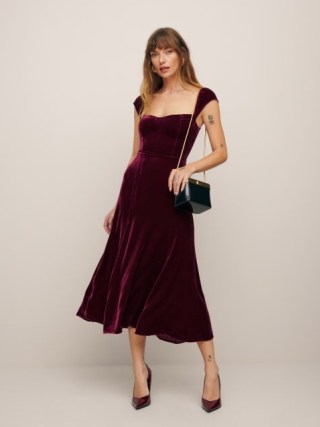 Reformation Bryson Dress in Chianti Velvet – fit and flared hem jewel tone occasion midi dresses p