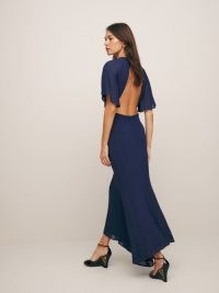 Reformation Carletta Dress in Danube – flowing occasion clothing – dark blue cut out back dresses – asymmetric event fashion p