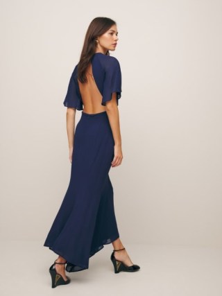 Reformation Carletta Dress in Danube – flowing occasion clothing – dark blue cut out back dresses – asymmetric event fashion p - flipped