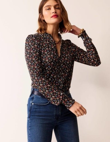 Boden Caroline Jersey Shirt in Multi, Tulip Bud / women’s floral high ruffled neck shirts p - flipped