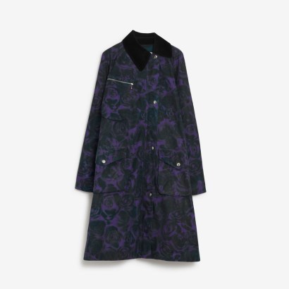 BURBERRY Rose Print Cotton Car Coat in Vine / women’s waxed floral print coats / asymmetrical closure / asymmetric outerwear p - flipped