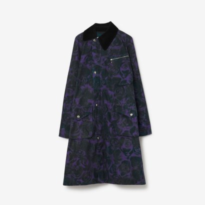 BURBERRY Rose Print Cotton Car Coat in Vine / women’s waxed floral print coats / asymmetrical closure / asymmetric outerwear p