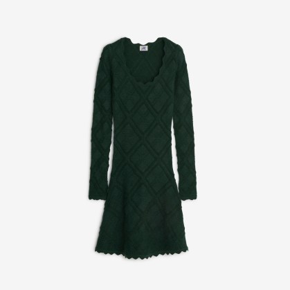 BURBERRY Aran Knit Dress in Vine | knitted slim fit scalloped edge flared hem dresses p - flipped