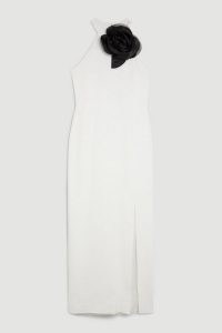 KAREN MILLEN Compact Viscose Corsage Detail Tailored Halterneck Midaxi Dress in Ivory / floral embellished halter neck pencil dresses / split hemline