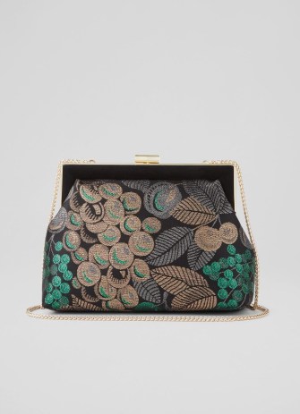 L.K. BENNETT Connie Metallic Fruit Brocade Trapeze Clutch in Black / vintage inspired occasion bags p - flipped