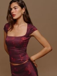 Reformation Cora Satin Top in Sanguine / fitted floral print cap sleeve tops / open back detail / cut out clothing