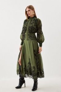 KAREN MILLEN Cotton Cutwork Embroidered Woven Maxi Dress in Khaki ~ green sheer balloon sleeve dresses
