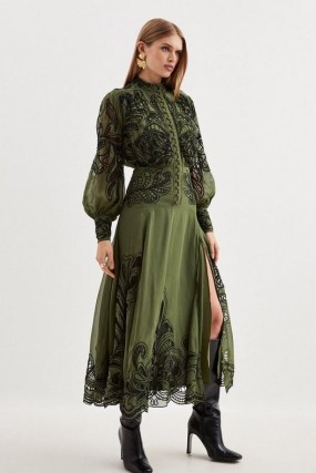 KAREN MILLEN Cotton Cutwork Embroidered Woven Maxi Dress in Khaki ~ green sheer balloon sleeve dresses p - flipped