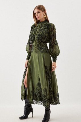 KAREN MILLEN Cotton Cutwork Embroidered Woven Maxi Dress in Khaki ~ green sheer balloon sleeve dresses p