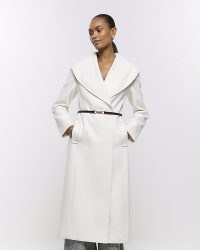 RIVER ISLAND Cream Belted Wrap Longline Coat ~ luxe style shawl collar coats ~ skinny contrast belt detail p