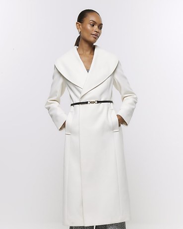 RIVER ISLAND Cream Belted Wrap Longline Coat ~ luxe style shawl collar coats ~ skinny contrast belt detail p - flipped