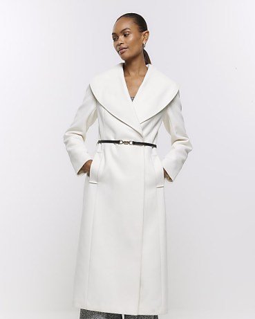 RIVER ISLAND Cream Belted Wrap Longline Coat ~ luxe style shawl collar coats ~ skinny contrast belt detail p