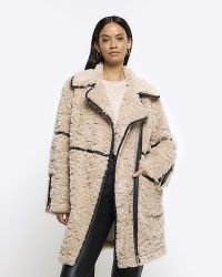 RIVER ISLAND Cream Borg Biker Coat ~ women’s textured faux fur winter coats ~ fake shearling jackets