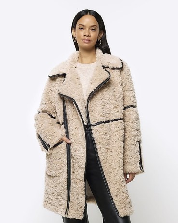 RIVER ISLAND Cream Borg Biker Coat ~ women’s textured faux fur winter coats ~ fake shearling jackets p - flipped