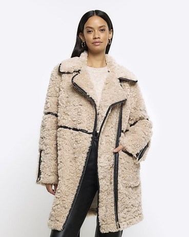 RIVER ISLAND Cream Borg Biker Coat ~ women’s textured faux fur winter coats ~ fake shearling jackets p