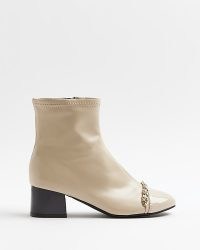 RIVER ISLAND Cream Chain Heeled Ankle Boots ~ women’s retro style footwear