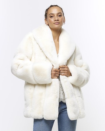 RIVER ISLAND Cream Panelled Faux Fur Coat ~ women’s luxe style fake fur coats ~ glamorous fluffy winter jackets - flipped
