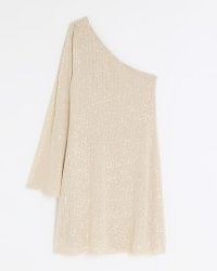 RIVER ISLAND Cream Sequin One Shoulder Shift Mini Dress / sequinned asymmetric neckline party dresses
