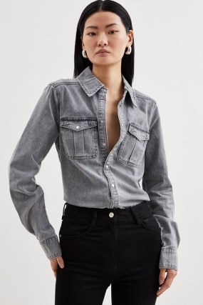 KAREN MILLEN Denim Pocket Detail Relaxed Shirt in Grey ~ women’s utility shirts p - flipped