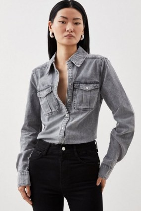 KAREN MILLEN Denim Pocket Detail Relaxed Shirt in Grey ~ women’s utility shirts p
