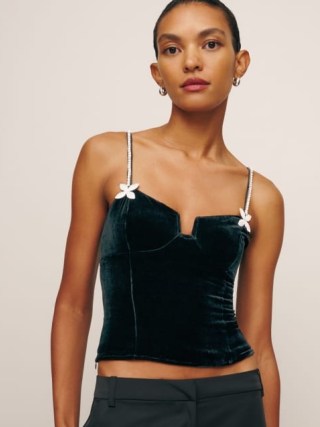Reformation Desiree Velvet Top in Black – strappy crystal embellished tops – luxe fashion p - flipped
