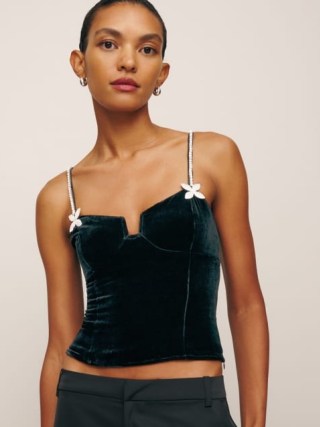 Reformation Desiree Velvet Top in Black – strappy crystal embellished tops – luxe fashion p