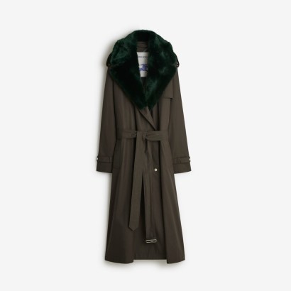 BURBERRY Long Kennington Trench Coat in Otter | women’s oversized faux fur collar maxi coats | chic longline winter outerwear p - flipped