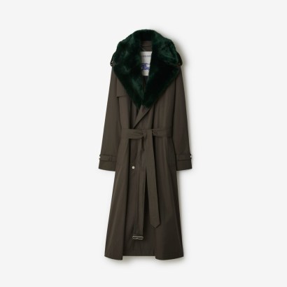 BURBERRY Long Kennington Trench Coat in Otter | women’s oversized faux fur collar maxi coats | chic longline winter outerwear p