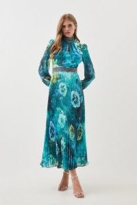 Karen Millen Diamante Trim Palm Floral Woven Maxi Dress Blue – long sleeve high neck occasion dresses