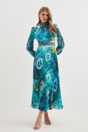 Karen Millen Diamante Trim Palm Floral Woven Maxi Dress Blue – long sleeve high neck occasion dresses p - flipped