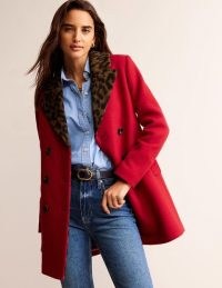 Boden Double-Breasted Wool Coat in Brilliant Red / women’s winter coats with faux fur leopard print collar and lining